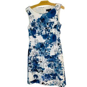 Connected Apparel Woman Sz 6 Blue White Floral Sleeveless Sheath Dress Layered